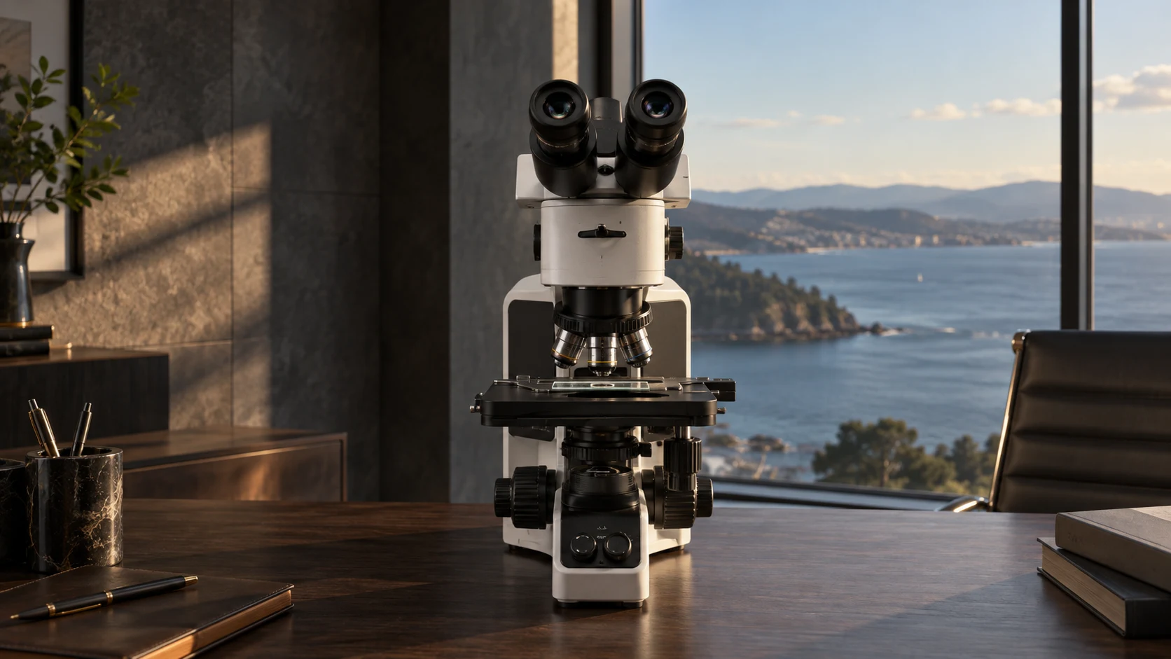 Head-on view of an Olympus BX53 microscope in a serene office overlooking the water